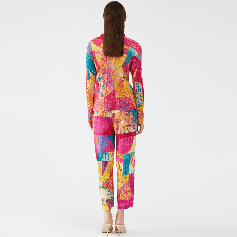 Suit Street Cool Pleated Long Sleeve Women's Loose Top Casual Pants Two-Piece Set