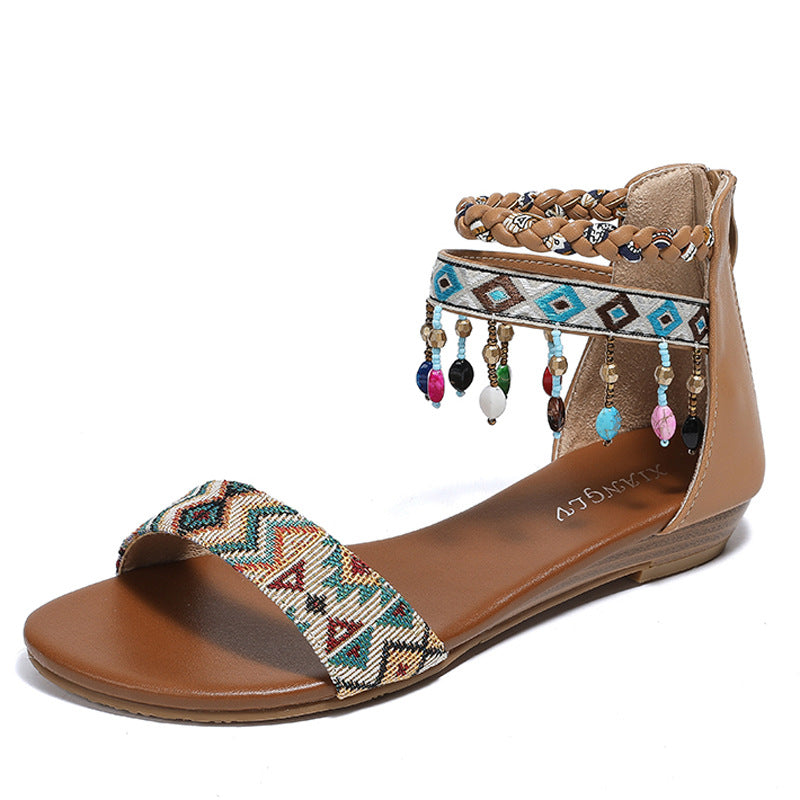 Ethnic Roman Sandals Handmade Beaded Back Zipper Ethnic Bohemian Flat Shoes