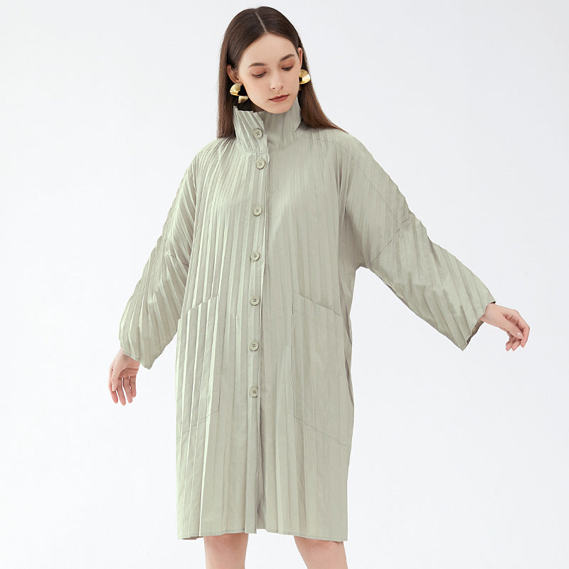 Trench Coat Women's Single-Breasted Solid Color Pleated Texture Trench Coat Women's Mid-Length Coat Fashion