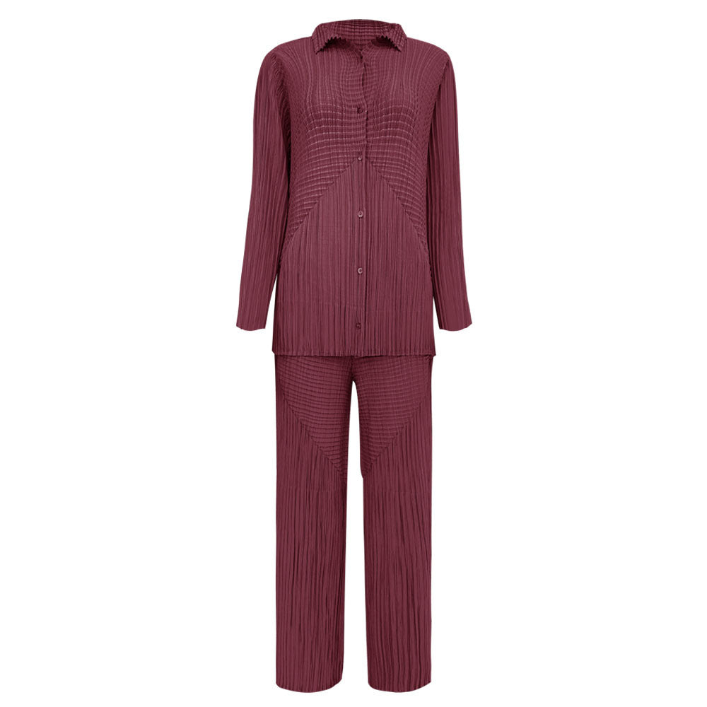 Two-Piece Solid Color Long Sleeve Pleated Shirt Casual Straight Pants Suit Women