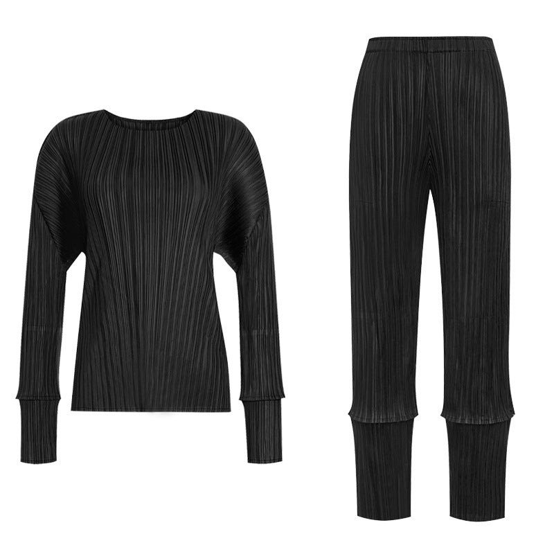 Stitching Casual Suit Long-Sleeved Top All-Matching Skinny Pants Two-Piece Set for Women