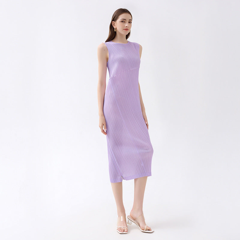 Unique Oblique Waist Slimming Dress Elegant Split Sleeveless Mid-Length Zipper A- line Skirt