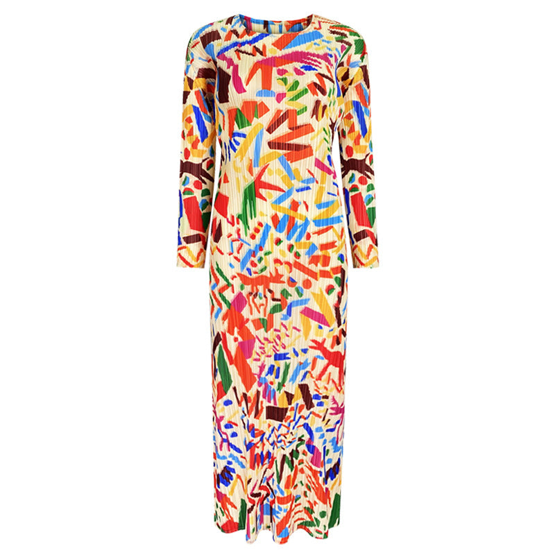 Women's Printed Long-Sleeved Graffiti Pleated Skirt Dress Slim Fit Slimming A- line Skirt Women