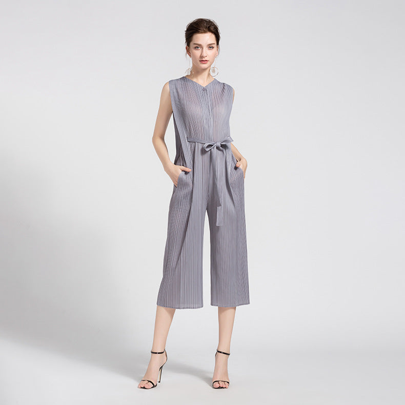 Waist Pleated Jumpsuit Solid Color Sleeveless Slim Wide Leg Slimming Jumpsuit Women