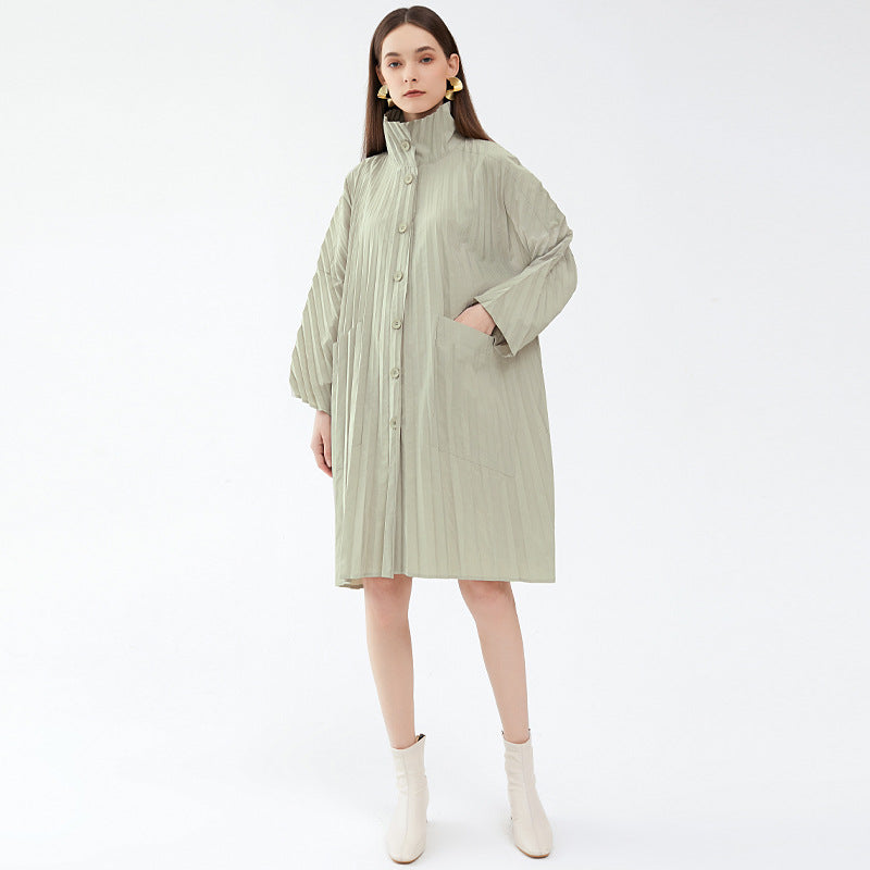 Trench Coat Women's Single-Breasted Solid Color Pleated Texture Trench Coat Women's Mid-Length Coat Fashion