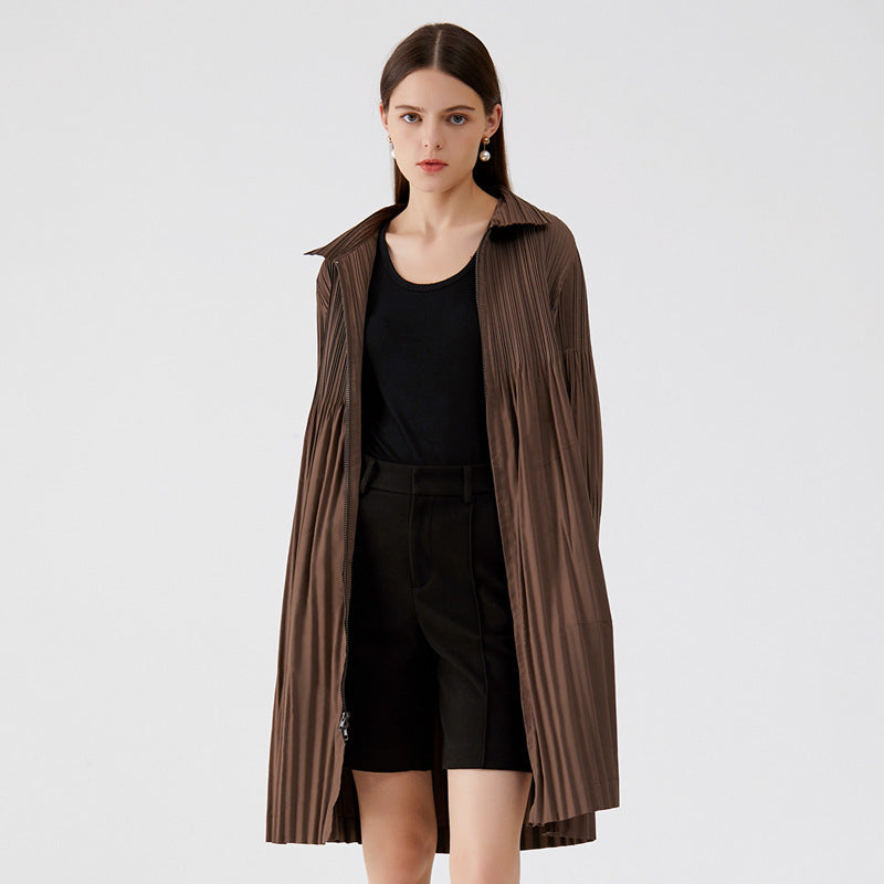 Women's Zipper Trench Coat Mid-Length Loose and Comfortable over the Knee Trench Coat