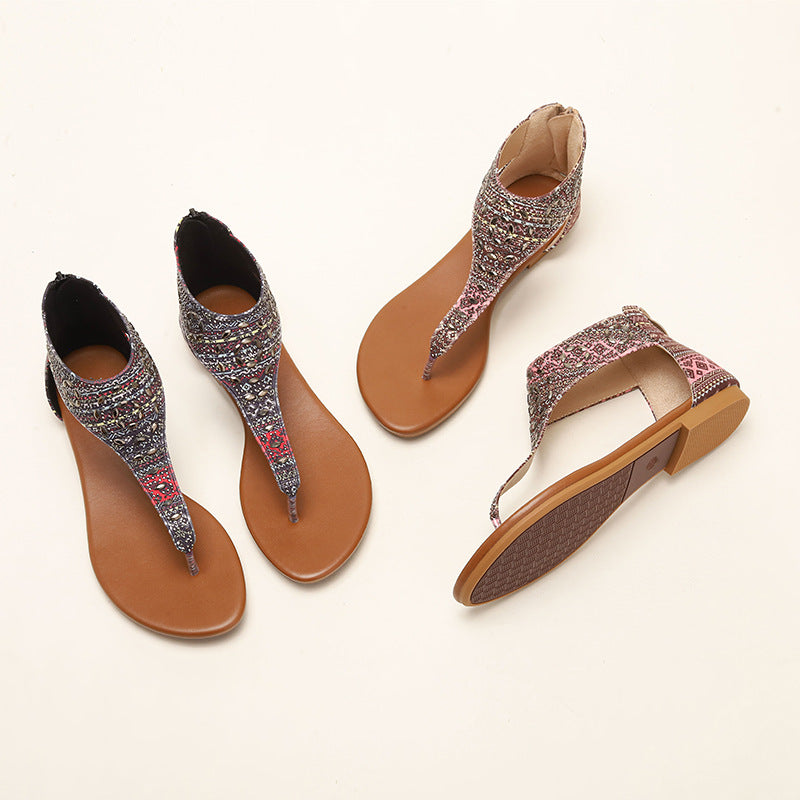 Ethnic Flat Sandals Flip-Flops Rhinestone Seaside Vacation Roman Beach Shoes