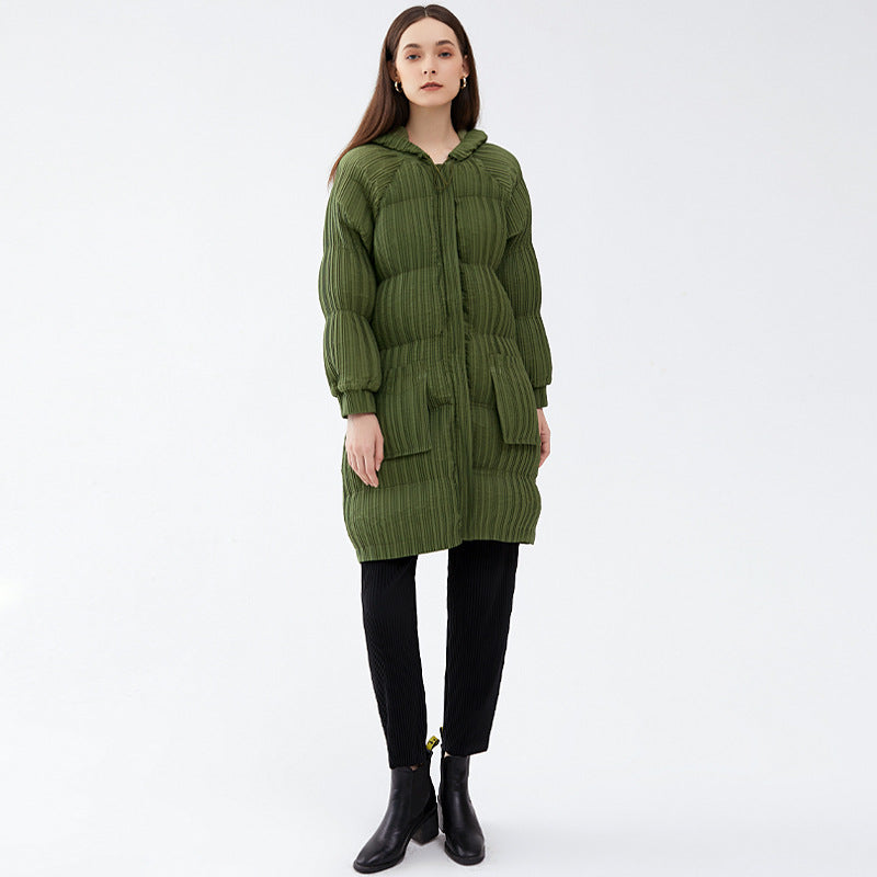 Winter Long Thickened down Cotton Hoodie Padded Coat Women's Slimming and Warm Pleated Cotton Jacket Women