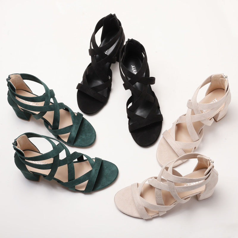 Fashion Sandals Chunky Heel Rhinestone Roman Temperament Heel Shoes