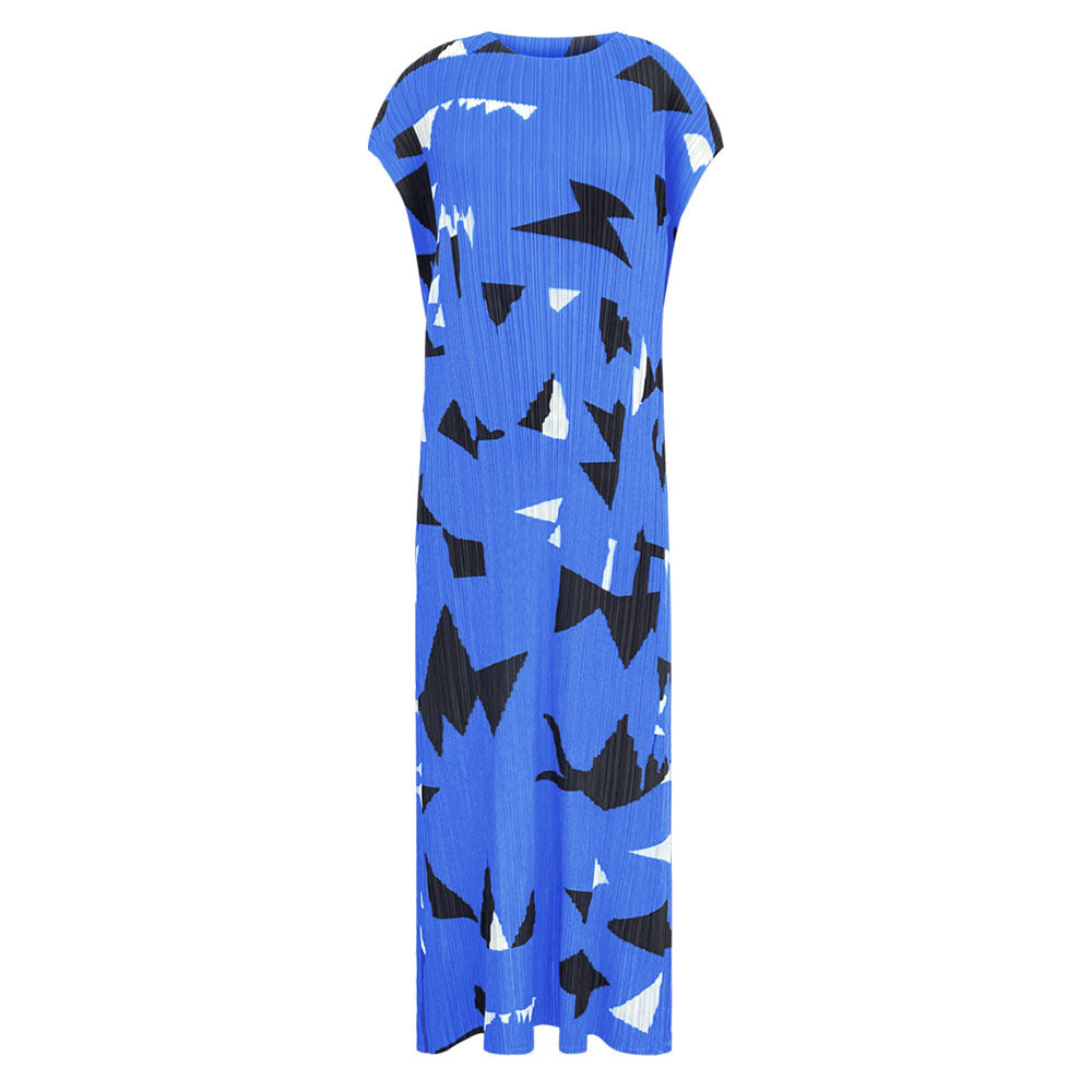 Square Plaid Printed Loose Dress Women's Design Waist Slimming Pleated Dress for Women