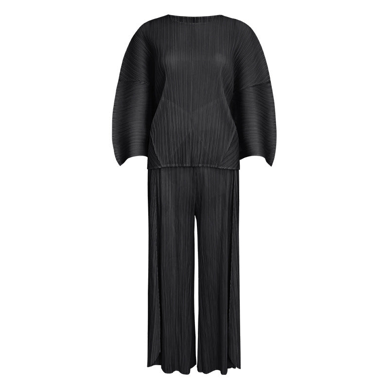 Solid Color Casual Loose Outfit Thin Bell Sleeve Top Wide Leg Wide Leg Pants Two-Piece Set for Women