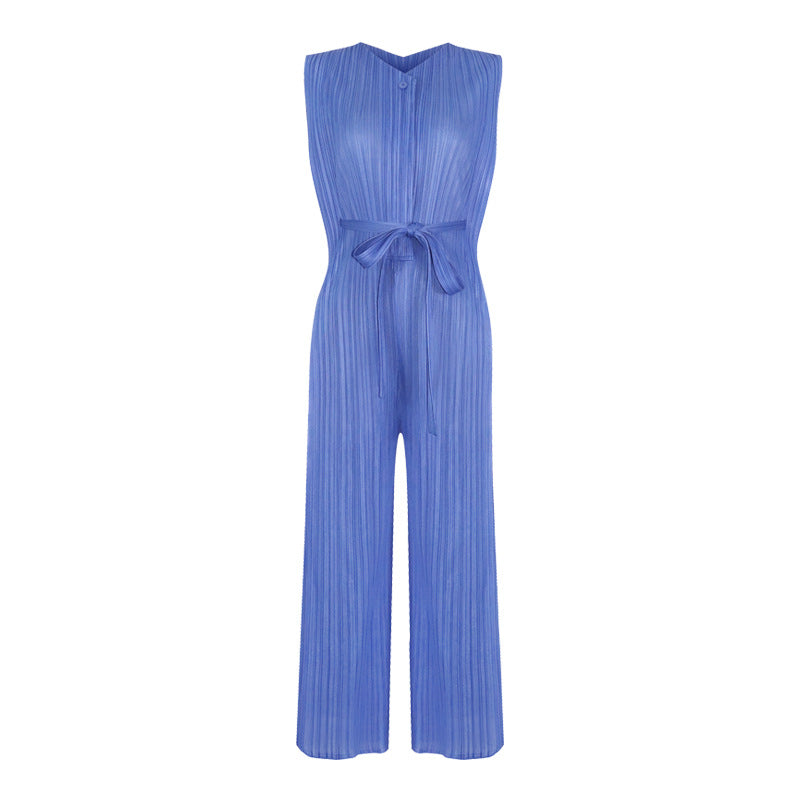 Waist Pleated Jumpsuit Solid Color Sleeveless Slim Wide Leg Slimming Jumpsuit Women