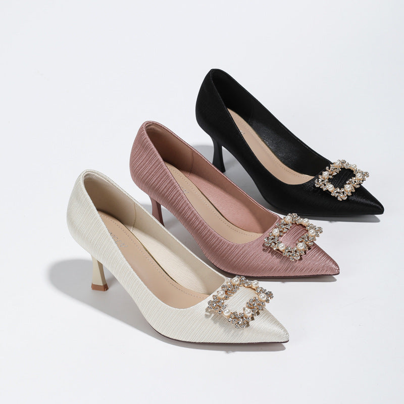 French Style Pointed Toe Rhinestone Heel Shoes Women's Stiletto Heel Fashion Business Pumps Women's