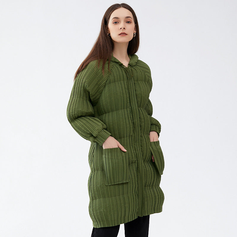 Winter Long Thickened down Cotton Hoodie Padded Coat Women's Slimming and Warm Pleated Cotton Jacket Women