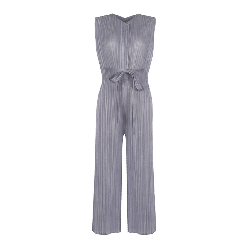 Waist Pleated Jumpsuit Solid Color Sleeveless Slim Wide Leg Slimming Jumpsuit Women