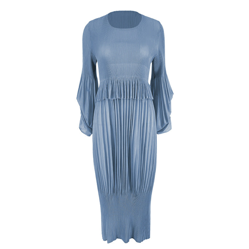 Simple Design Girlish Style Fresh Sweet Pleated Puff Sleeve Lantern Dress Jumpsuit Midi Dress for Women