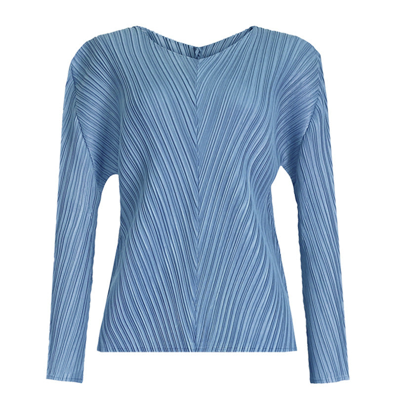 Solid Color Basic Two-Piece Suit Big Hem Skirt Long Sleeve V-neck Top