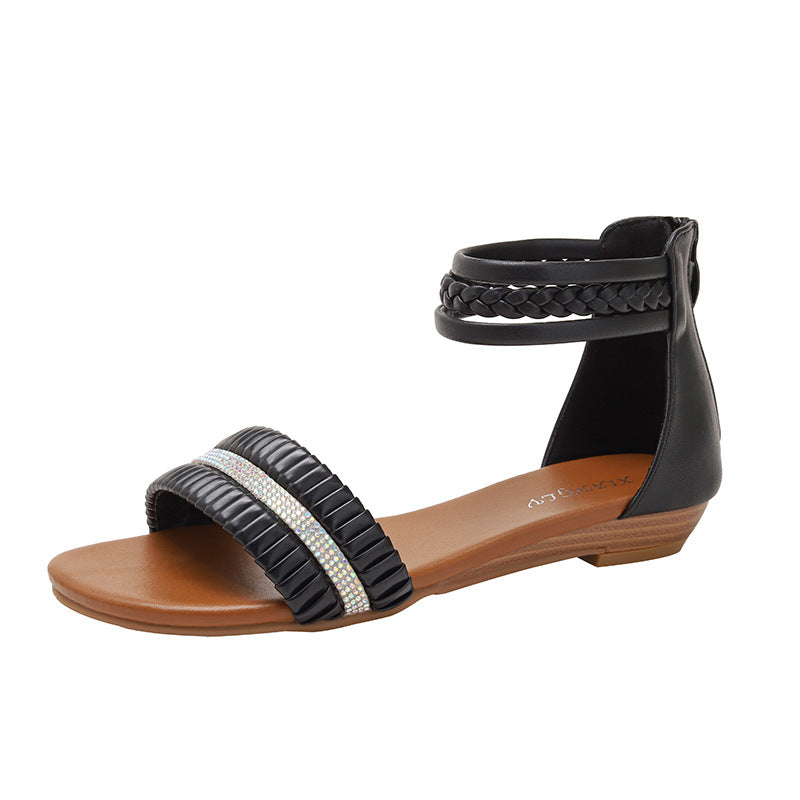 Women's Wedge Sandals round Toe Rhinestone Roman Sandals