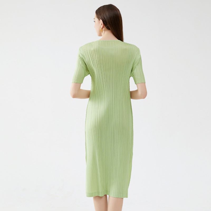 Solid Color Short Sleeve Slim Fit Dress Women's Mid-Length Simple Bottoming Pleated A- line Skirt