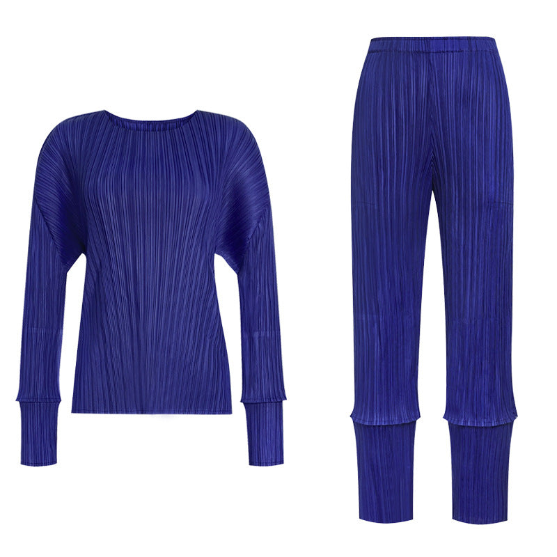 Stitching Casual Suit Long-Sleeved Top All-Matching Skinny Pants Two-Piece Set for Women