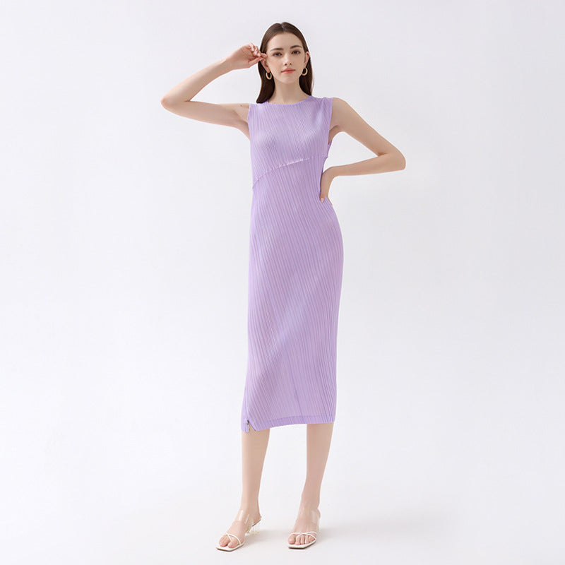 Unique Oblique Waist Slimming Dress Elegant Split Sleeveless Mid-Length Zipper A- line Skirt