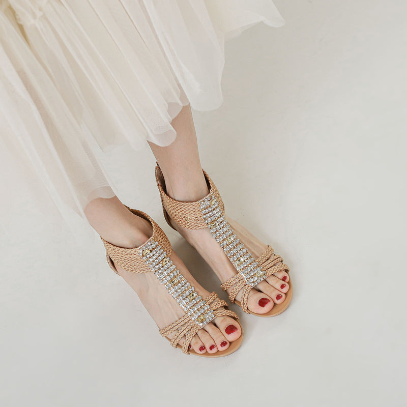 Women's Sandals Bohemian Ethnic Rhinestone Non-Slip Roman Shoes