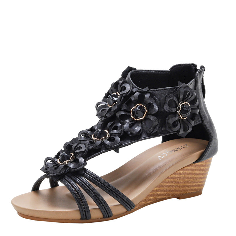 Ethnic Retro Sandals Women's Seaside Holiday Flowers Bohemia Wedge Roman Shoes