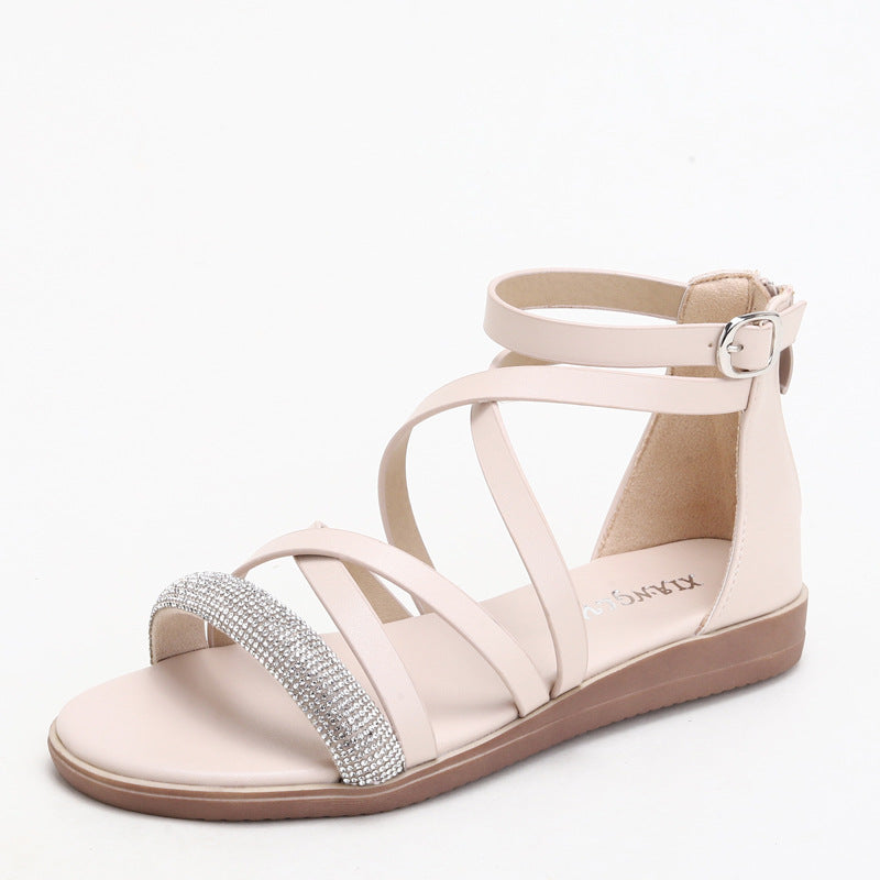 Sandals Women's Fashion Comfortable Mid Heel Pressure Diamond Niche Style with Empty Roman Sandals