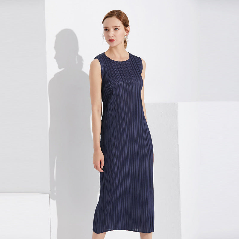 Simple Elegant round Neck Sleeveless Dress Women Mid-Length Vest Skirt