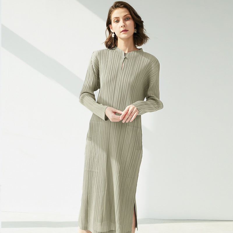 Slim Fit Slimming Mid-Length Cheongsam Solid Color Stand Collar Pocket Dress Women