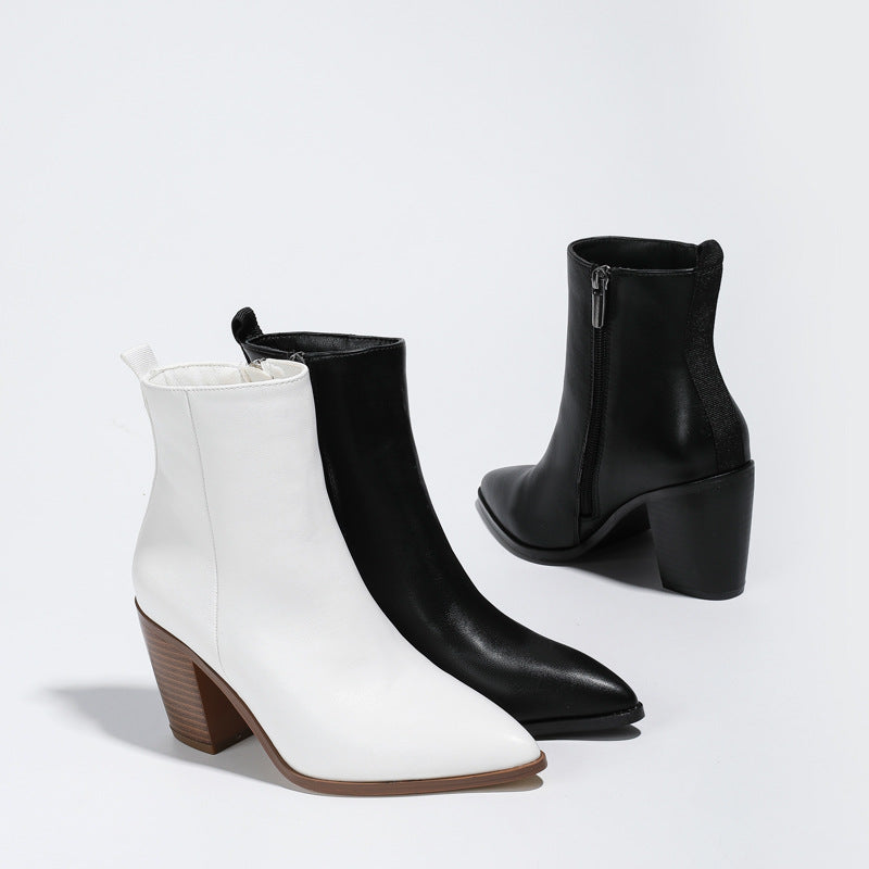 Pointed Toe Chunky Heel Martin Boots Women's Autumn and Winter Heel Side Zipper White Women's Boots