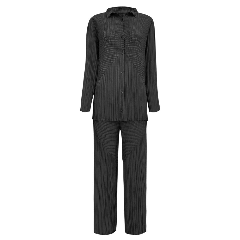 Two-Piece Solid Color Long Sleeve Pleated Shirt Casual Straight Pants Suit Women