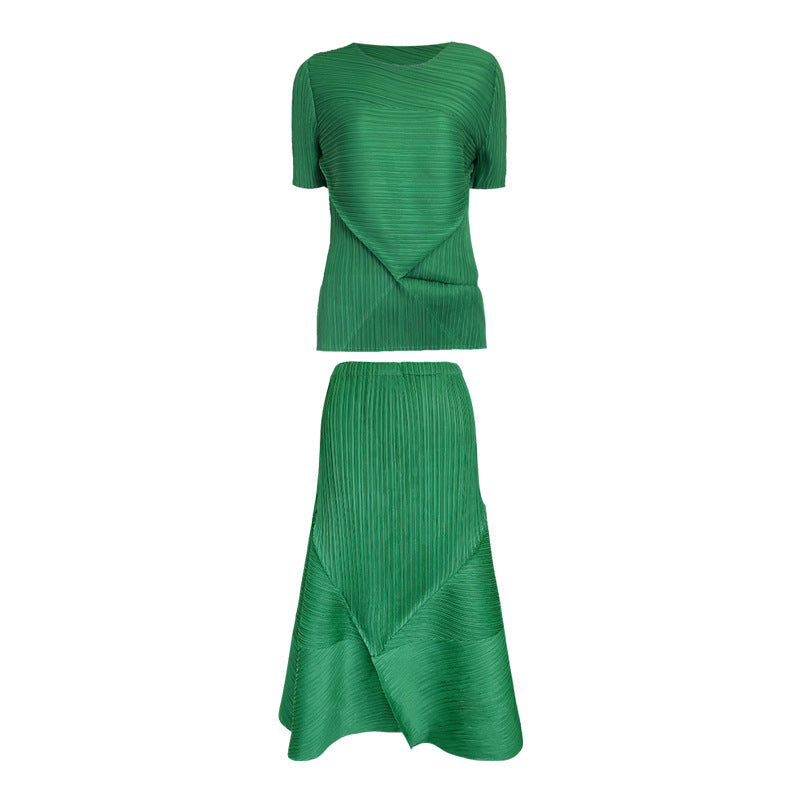 Solid Color Folding Two-Piece Set Elegant Short Sleeve Top and Skirt Suit