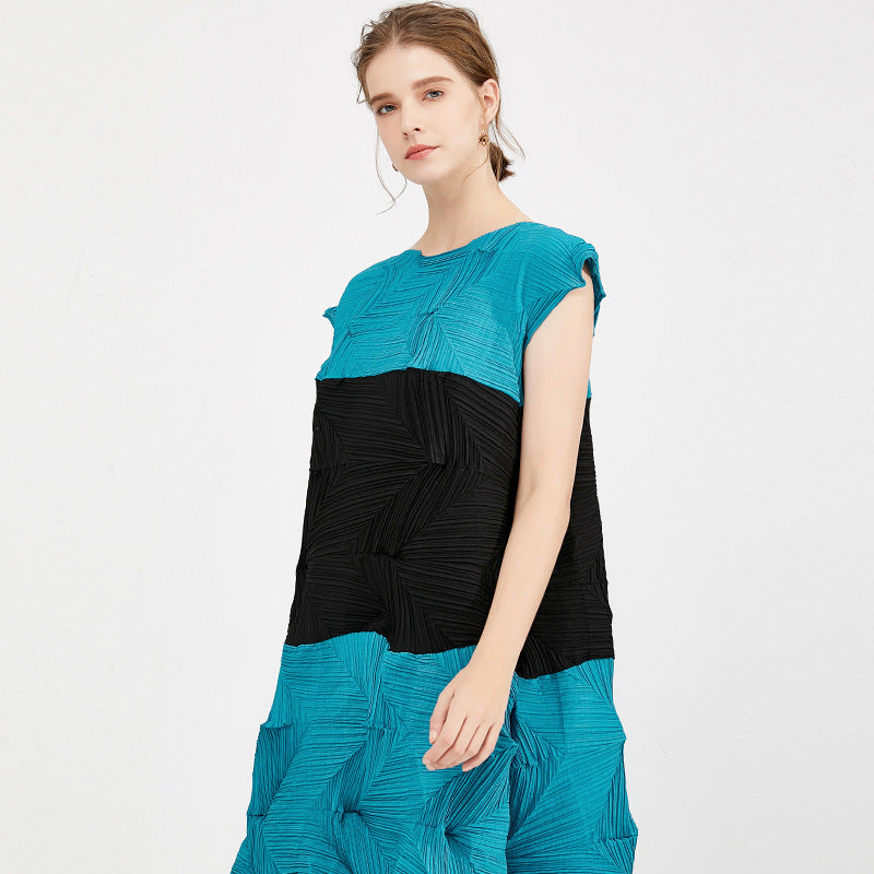 Stitching Contrasting-Color Dress Women's Summer Pleated Sleeveless Waist Pleated Skirt