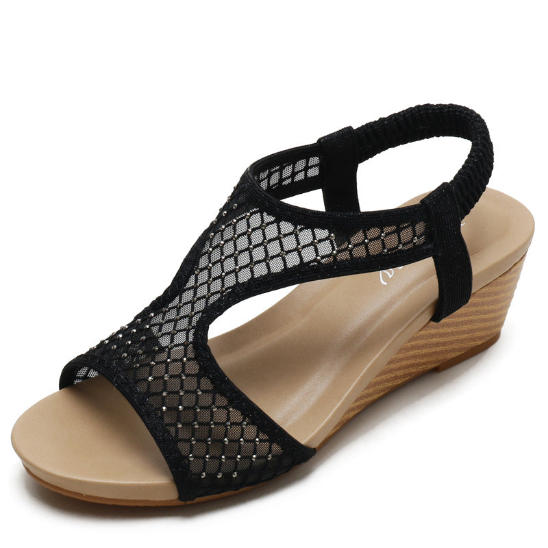 [Sold out on Short in Size Clearance] Women's Wedge Sandals Fashionable Elastic Band Mid Heel Peep Toe Breathable Mesh Roman