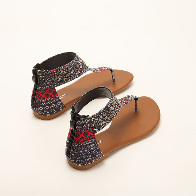 Ethnic Flat Sandals Flip-Flops Rhinestone Seaside Vacation Roman Beach Shoes