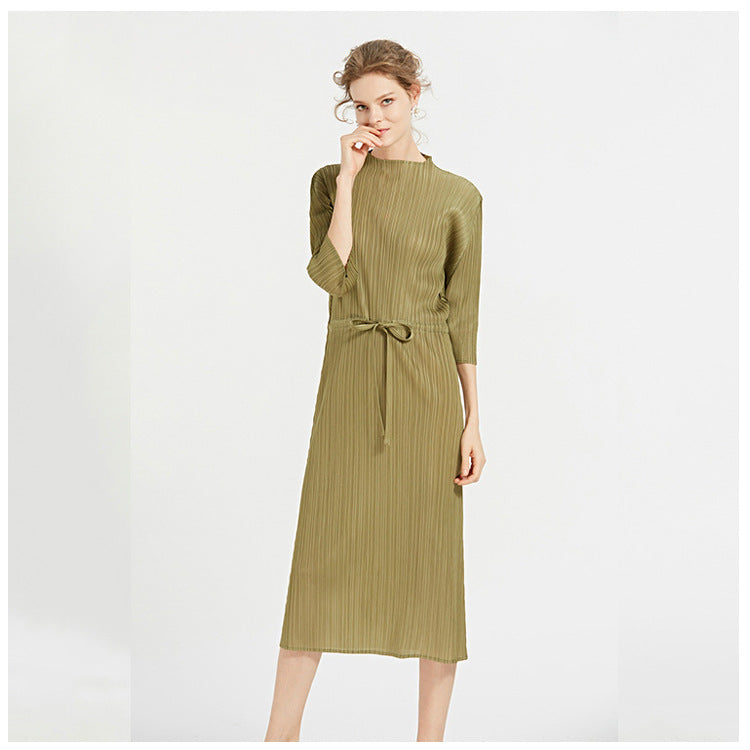 Simple Solid Color Half Collar Mid-Length Pleated Dress Loose A- line Skirt
