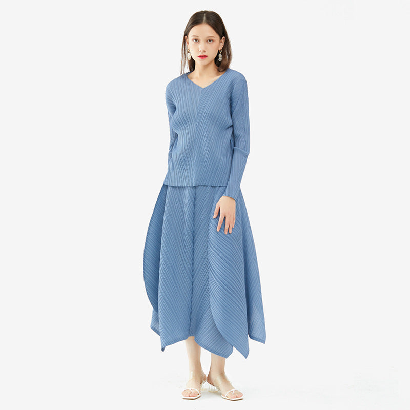 Solid Color Basic Two-Piece Suit Big Hem Skirt Long Sleeve V-neck Top