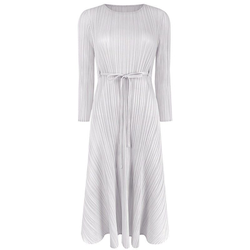 Women's Solid Color round Neck Dress Elegant Slim-Fit Pleated Midi Dress