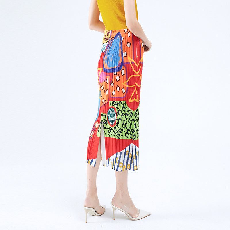 Skirt Niche Printed Pleated Skirt Casual Mid-Length A- line Elegant Style