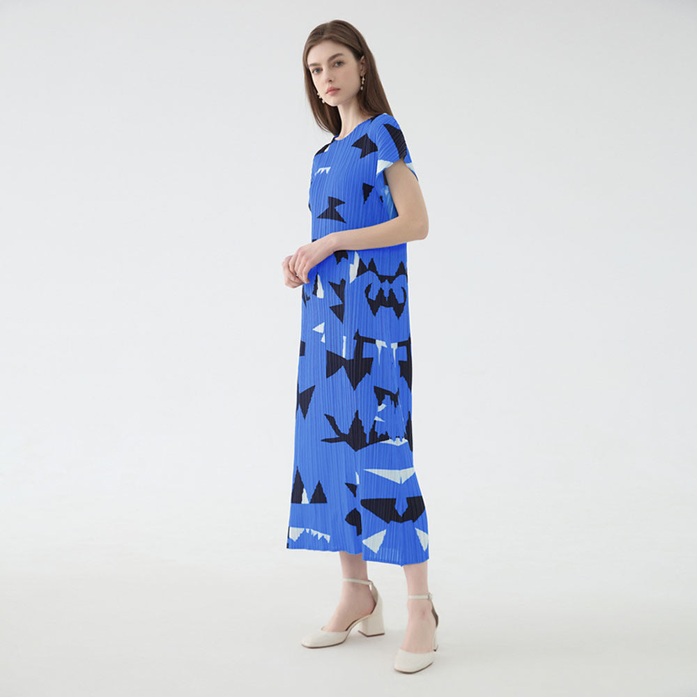 Square Plaid Printed Loose Dress Women's Design Waist Slimming Pleated Dress for Women