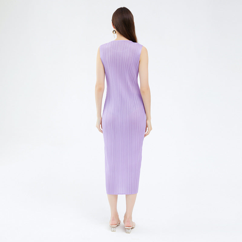 Simple Elegant round Neck Sleeveless Dress Women Mid-Length Vest Skirt