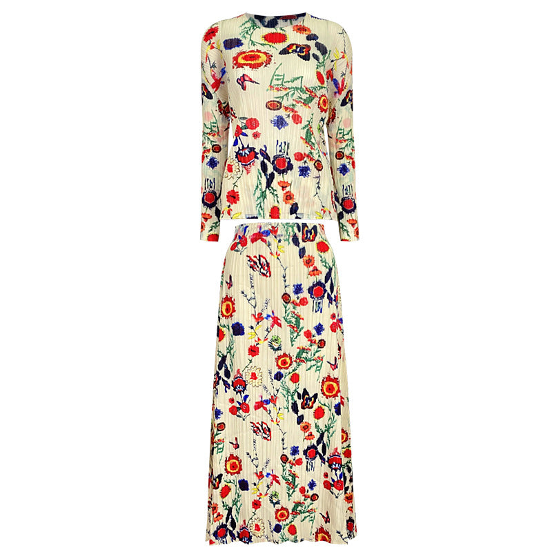 Suit round Neck All-Matching Top A- line Floral Skirt Two-Piece Set for Women