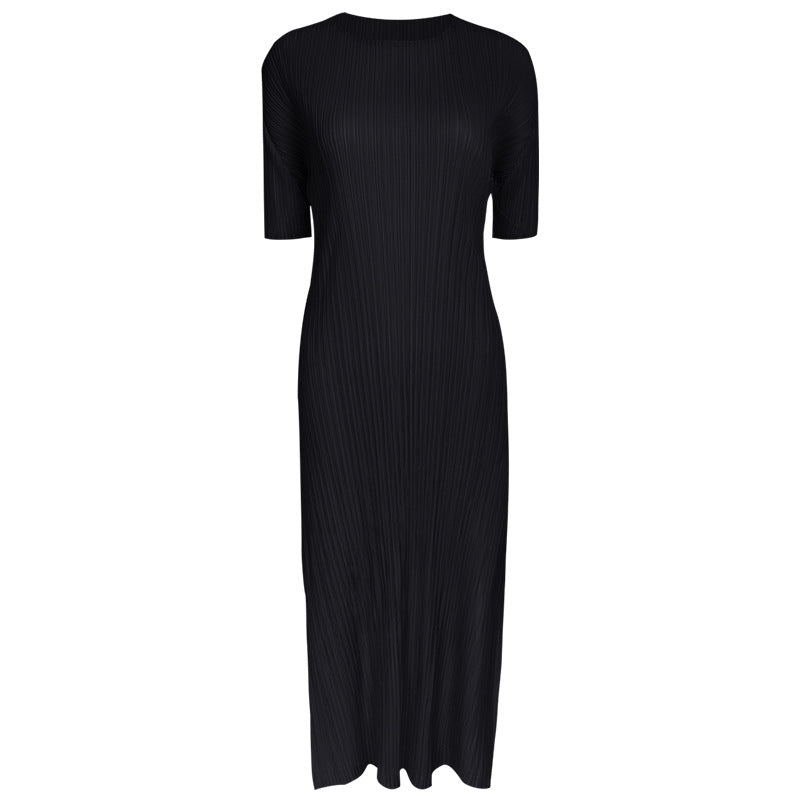 Solid Color Short Sleeve Slim Fit Dress Women's Mid-Length Simple Bottoming Pleated A- line Skirt