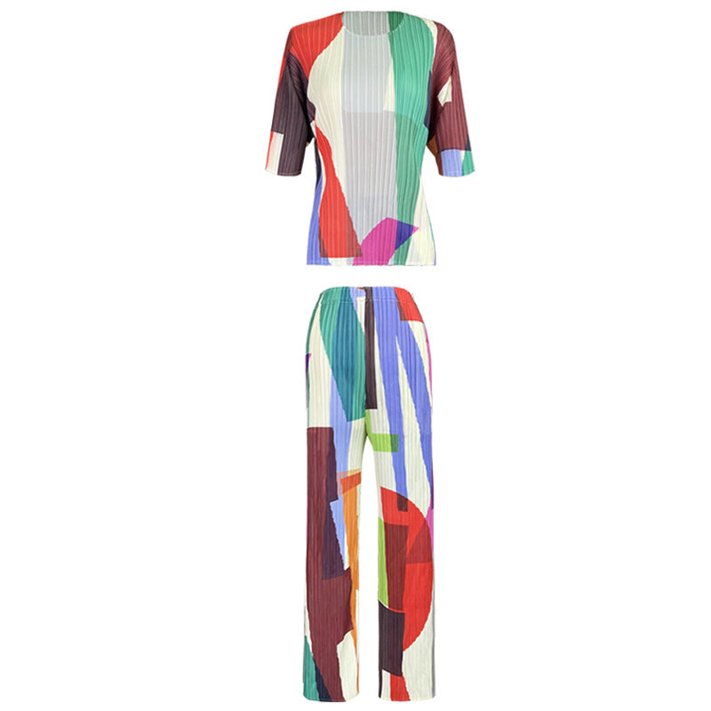 Suit Geometric round Neck Short Sleeve Top Versatile Waist Straight Casual Pants Two-Piece Set