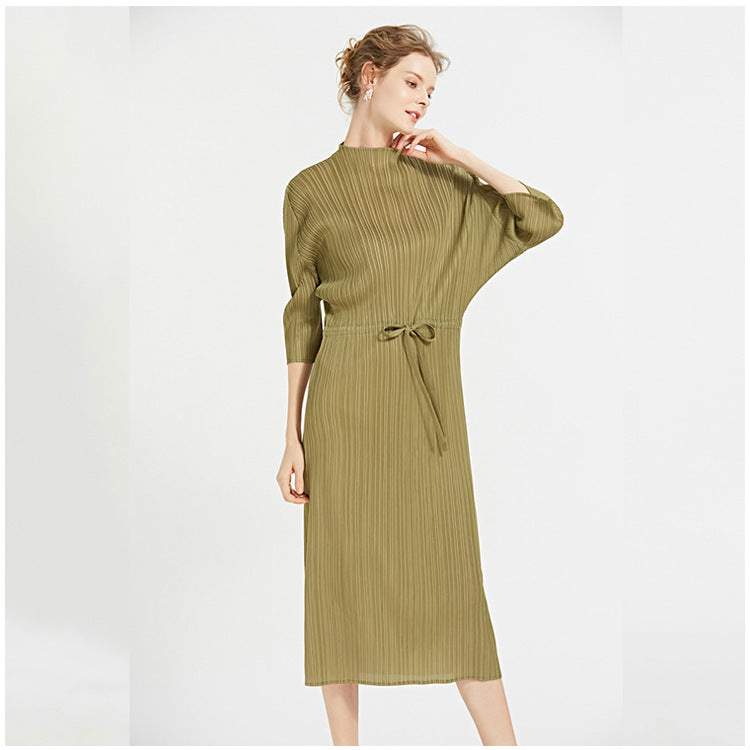 Simple Solid Color Half Collar Mid-Length Pleated Dress Loose A- line Skirt