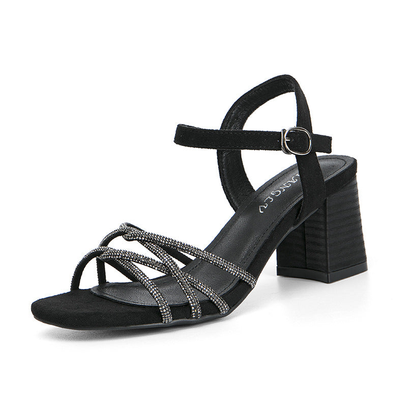 Rhinestone Strap Sandals Women's round Toe Open Toe Fashionable Chunky Heel Heel Shoes