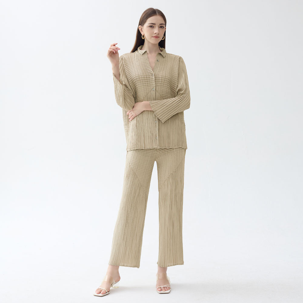 Two-Piece Solid Color Long Sleeve Pleated Shirt Casual Straight Pants Suit Women