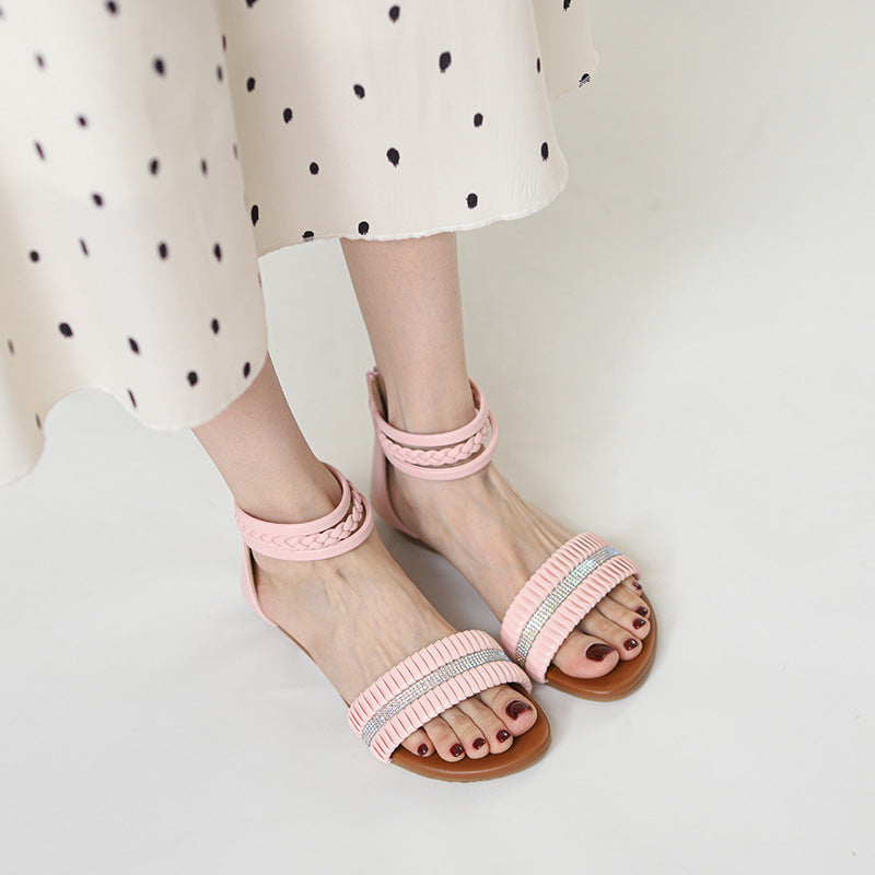 Women's Wedge Sandals round Toe Rhinestone Roman Sandals