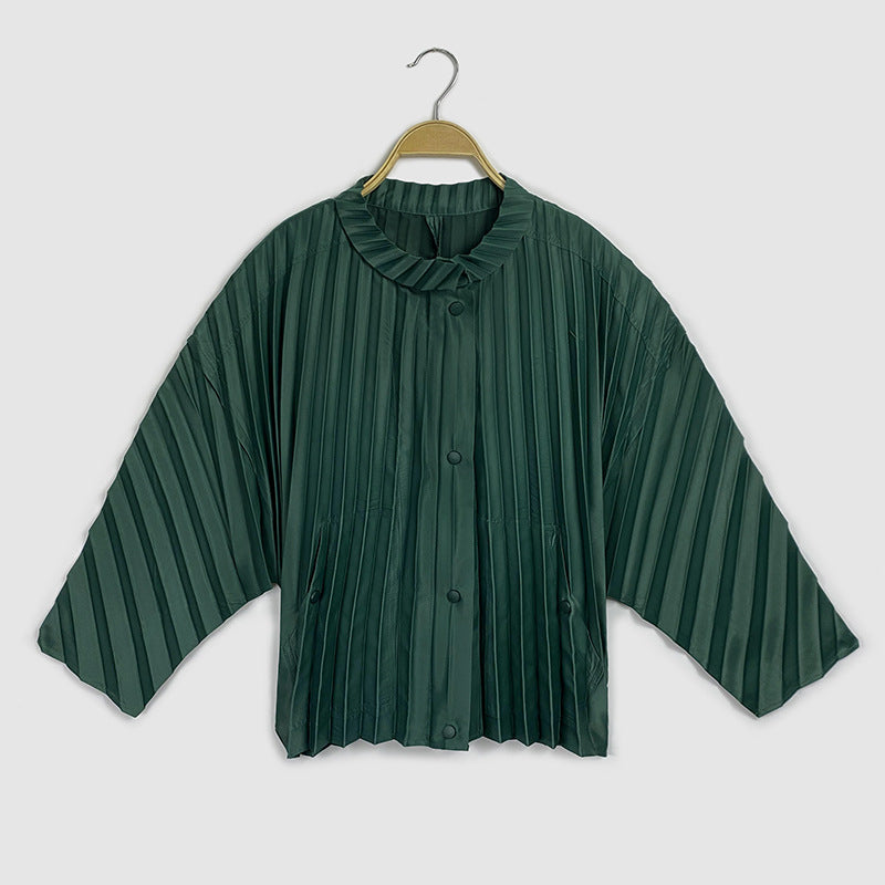 Three-Dimensional Pleated Trench Coat Casual Long Sleeve Coat Women's Common Style Loose Stand Collar Coat